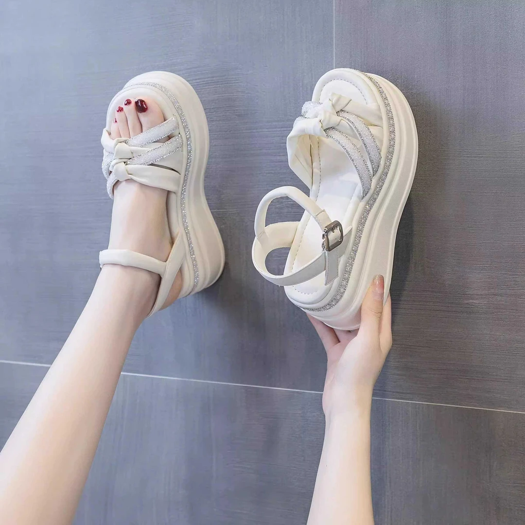 增高罗马凉鞋女2025夏季新款休闲厚底一字带仙女风沙滩松糕鞋