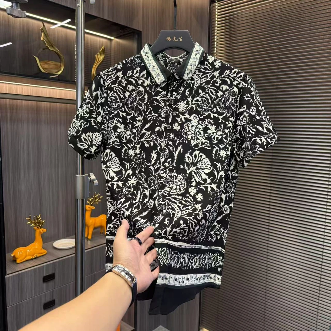夏季男士翻领短袖提花修身型衬衫衬衣印花百搭上衣