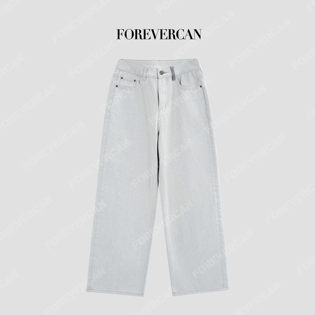 FOREVERCAN“云迹灰白”简约立裁超模感直筒垂坠百搭牛仔裤SP30672