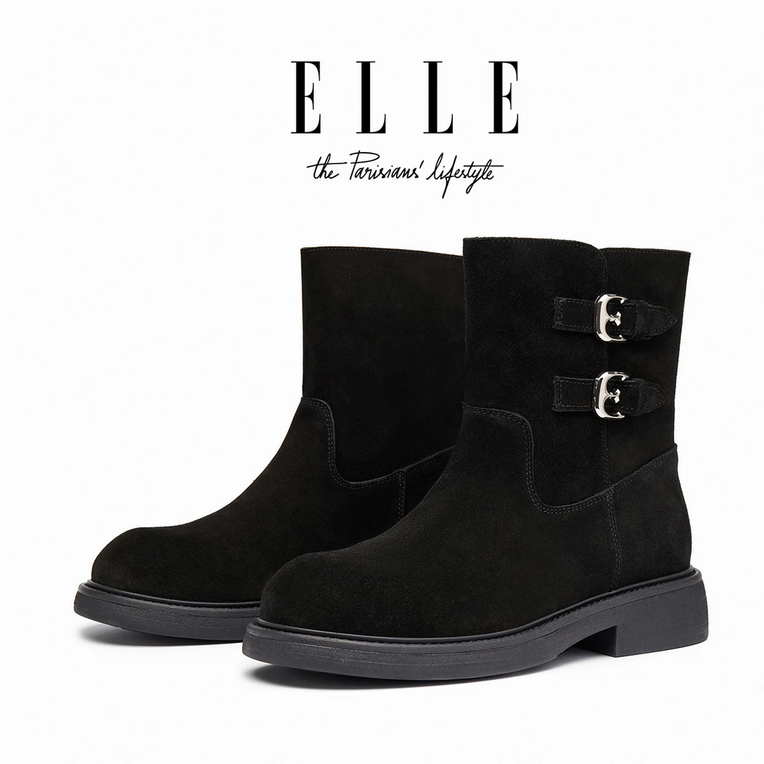 ELLE厚底马丁靴女2025冬季新款反绒磨砂靴子法式气质圆头黑色短靴