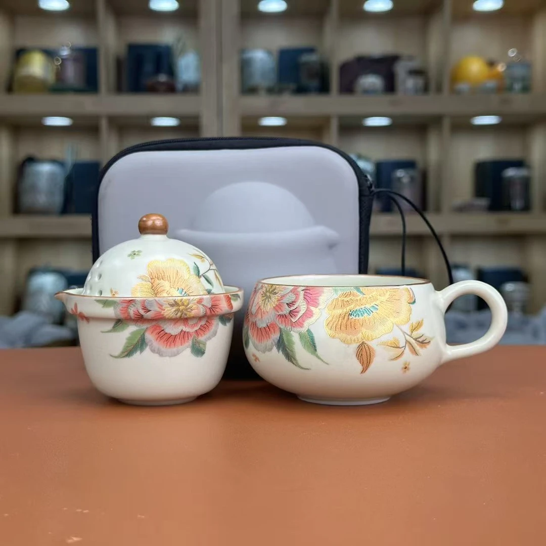 至茗堂 刺绣牡丹自泡壶 防烫带把手快客杯C0792
