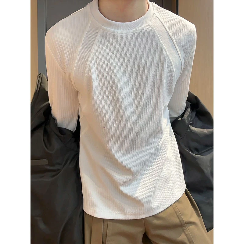 白色坑条肌理感长袖t恤男秋冬美式小领口卫衣cleanfit松弛打底衫