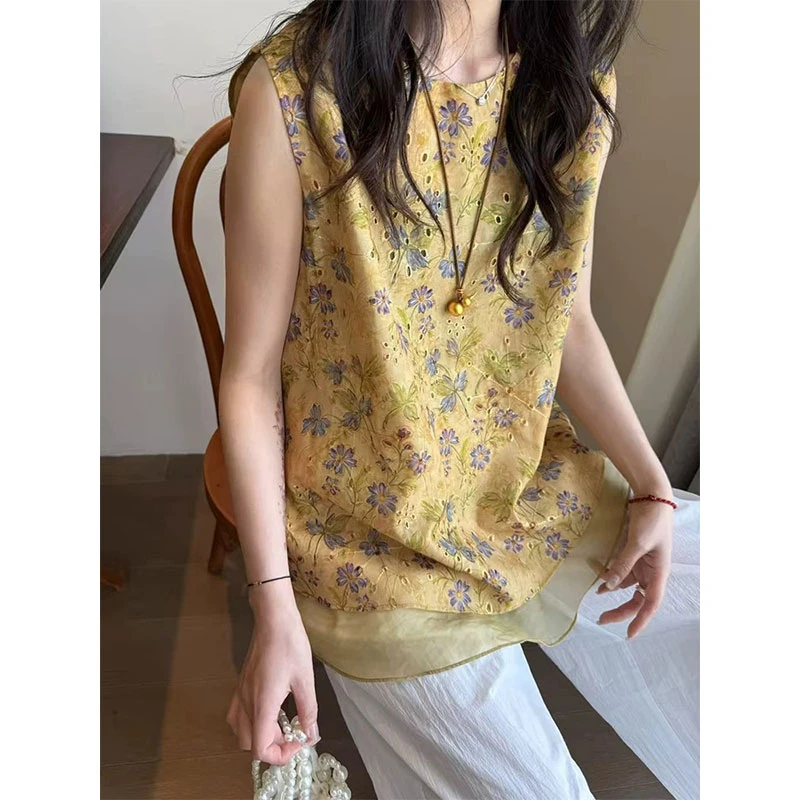 欧货复古印花无袖T恤女2025夏季新款宽松显瘦叠穿背心上衣