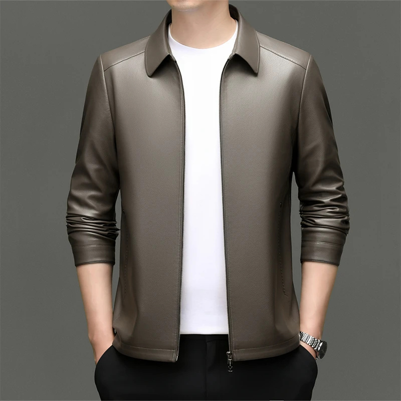 【海宁优选】2025海宁翻领立领韩版宽松加绒加厚皮夹克中年潮流时尚