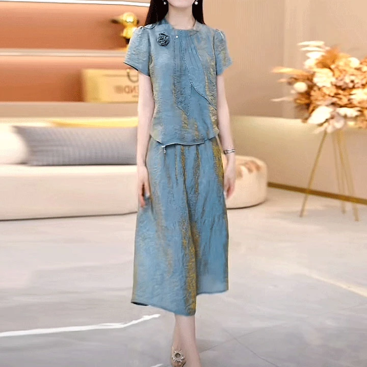 冰丝提花缎优雅连衣裙2025夏季新款修身遮肚子洋气妈妈显瘦礼服裙