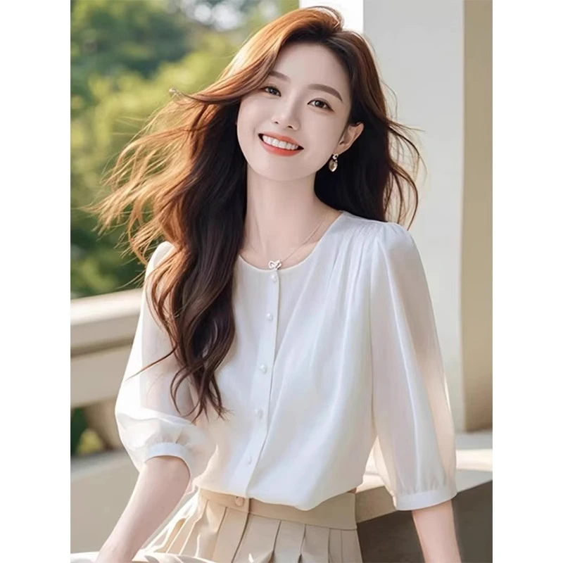 HS7250衬衫女款夏季新款雪纺衫独特别致法式气质高级感七分袖上衣