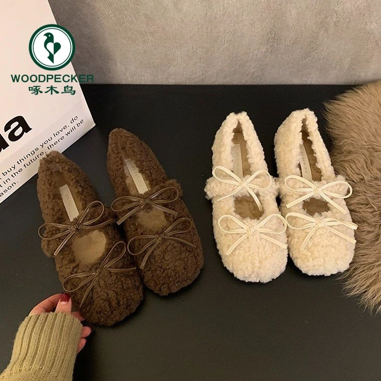 啄木鸟韩国新甜美显白圆头增高毛毛鞋女外穿冬加绒保暖豆豆棉鞋女