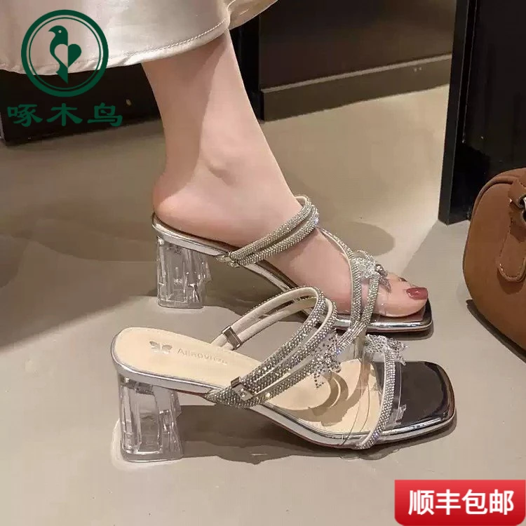 啄木鸟水钻方头女款2025夏季新款仙女蝴蝶结气质高跟鞋外穿绝美凉
