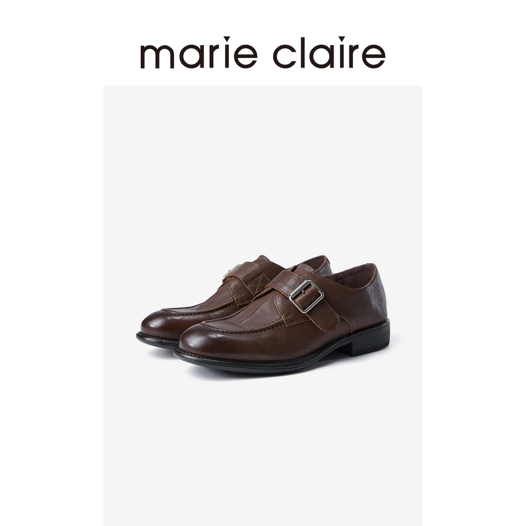MC女鞋针扣水洗孟克鞋焦糖棕牛皮乐福2025秋季marieclaire女鞋