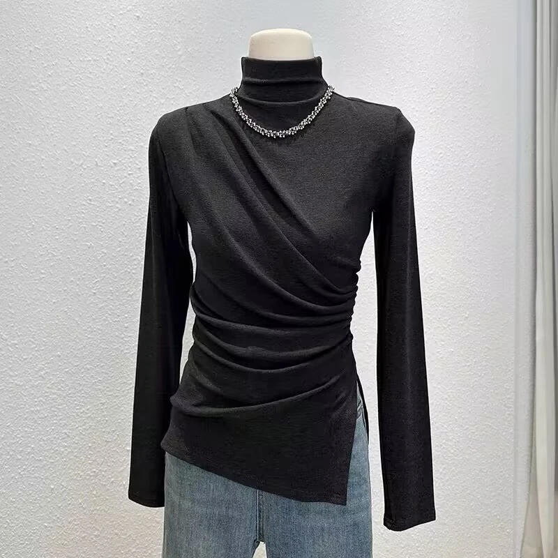 欧货设计感半高领长袖t恤女秋冬洋气内搭修身显瘦打底衫开叉上衣