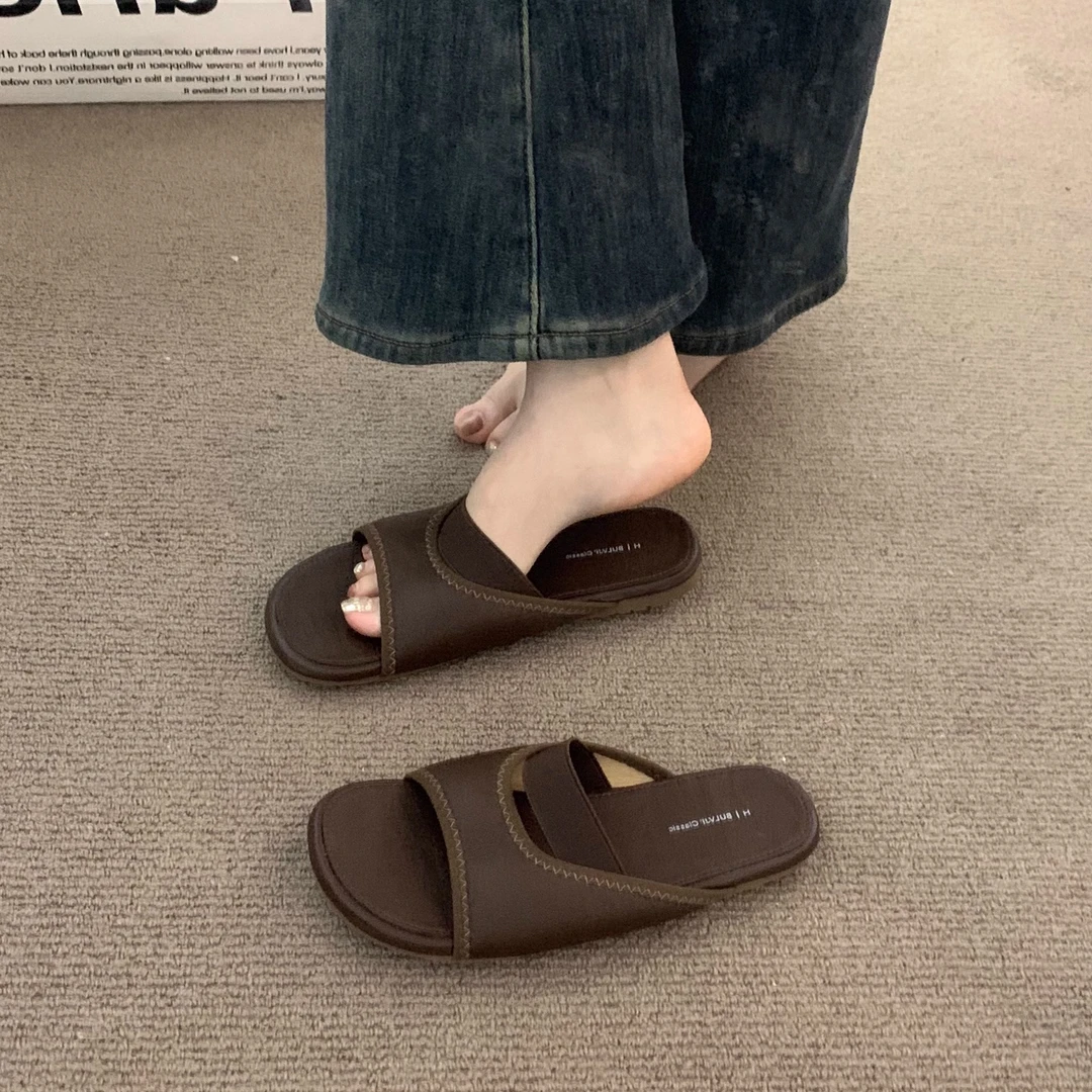 复古一字拖鞋女外穿2025夏新款平底凉鞋一脚蹬懒人凉拖休闲沙滩鞋