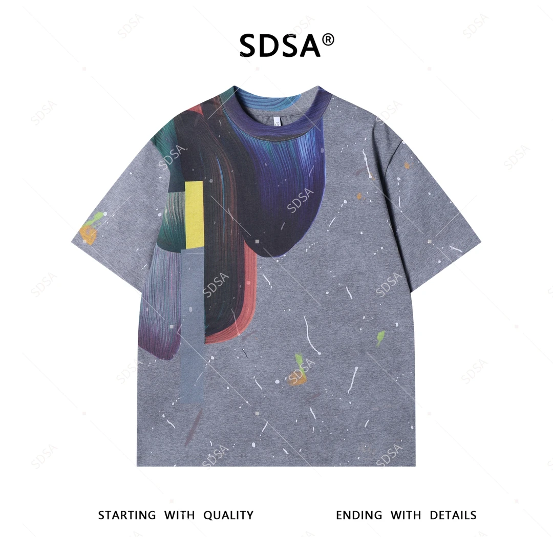 SDSA夏季新款男士痞帅韩版领口印花泼墨圆领短袖T恤百搭时尚上衣