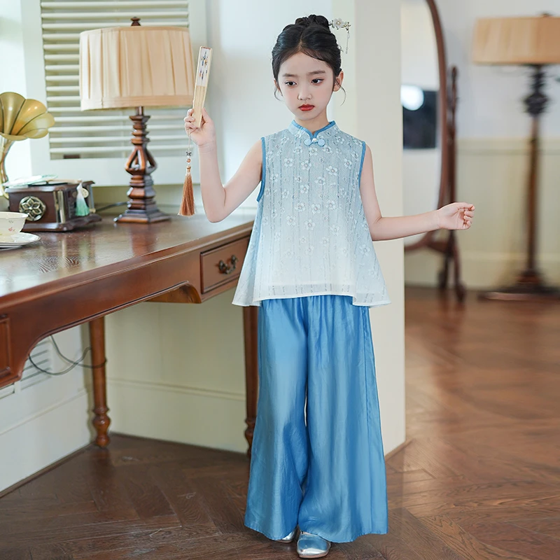 D258115儿童新中式古风套装2025夏季新款女童演出服汉服两件套裤