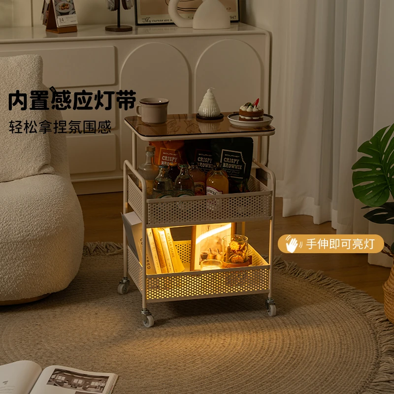 可移动边几奶油风客厅迷你沙发小茶几铁艺零食小推车置物架床头柜