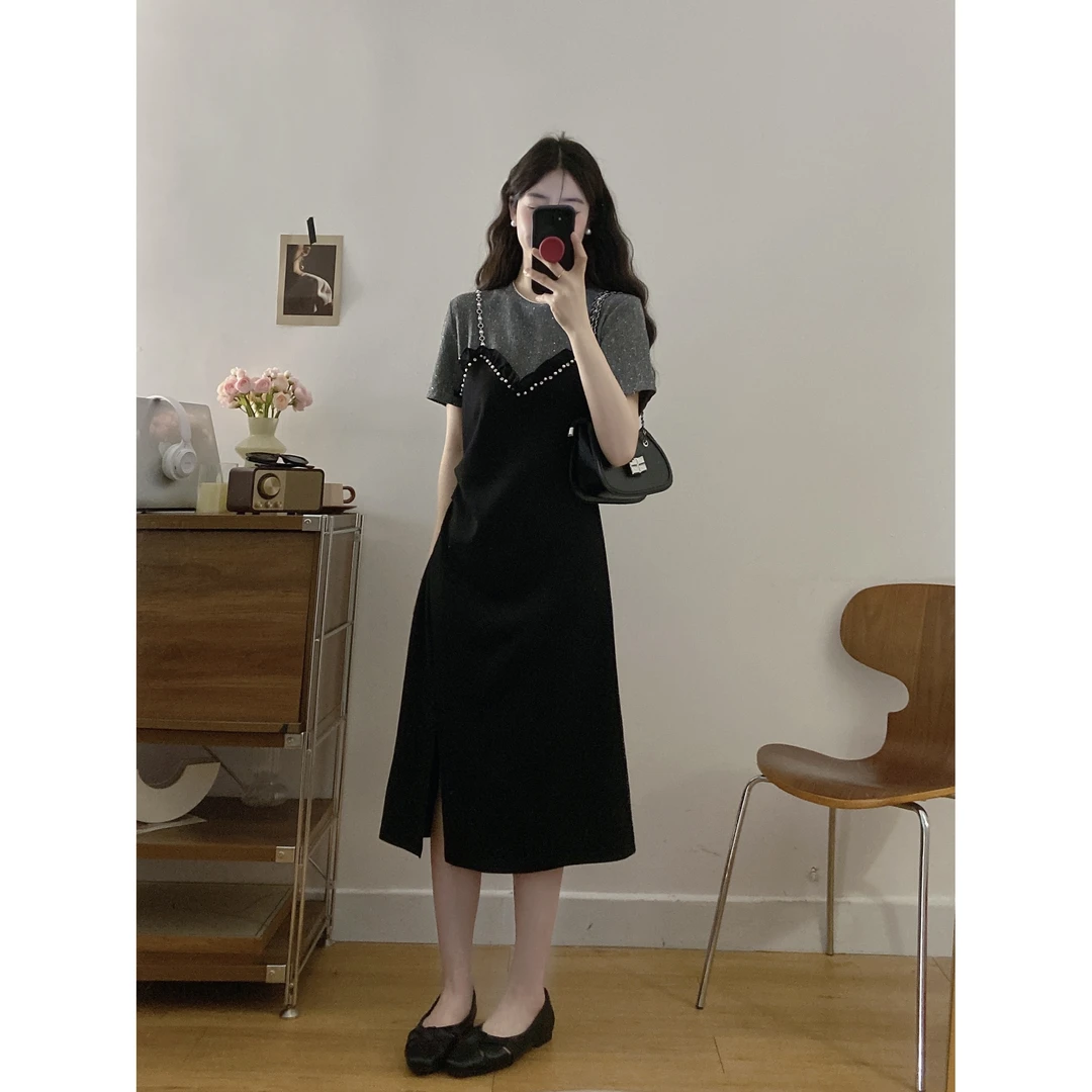 2025新款夏款法式小个子时尚设计感拼接假两件修身显瘦气质裙子