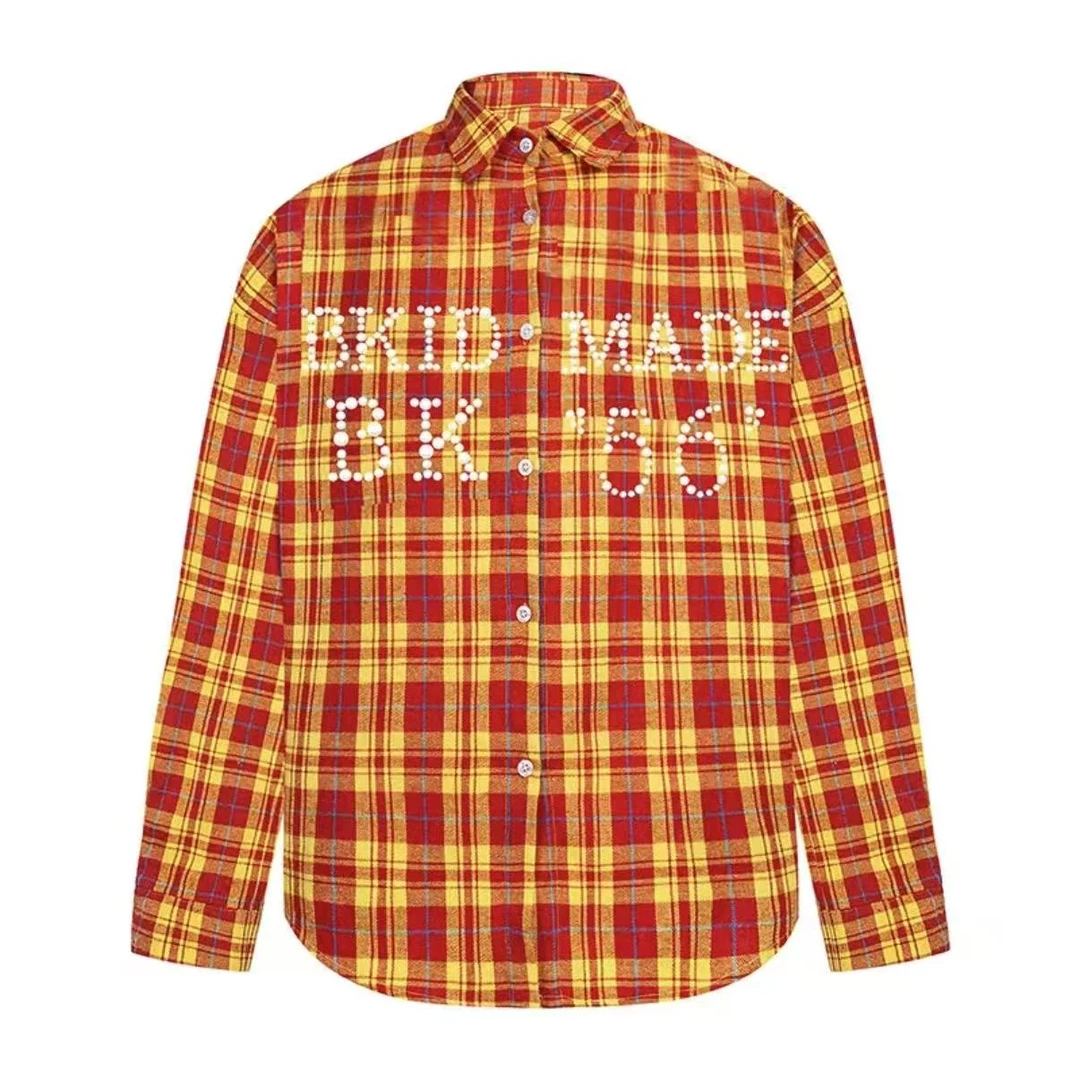 新款原创美式复古钉珠长袖衬衫男女款格子百搭休闲开衫情侣外套潮