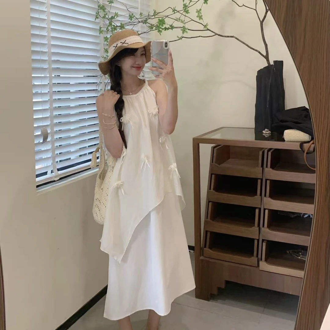 毛小兔温柔风杏色蕾丝刺绣无袖长裙度假仙女风连衣裙