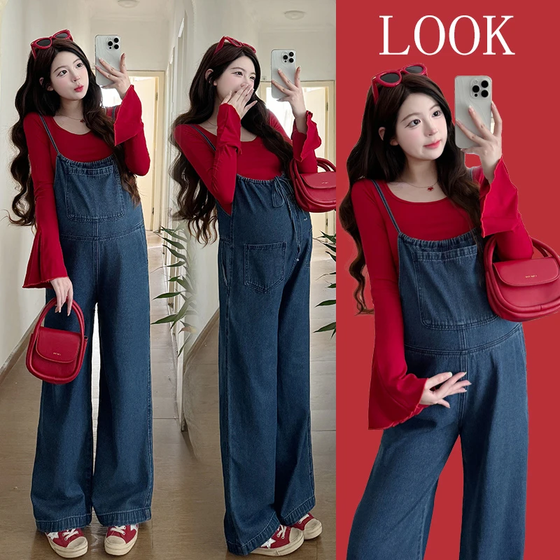 孕妇装2025秋季新款时尚气质前后两穿背带裤红色喇叭袖上衣两件套