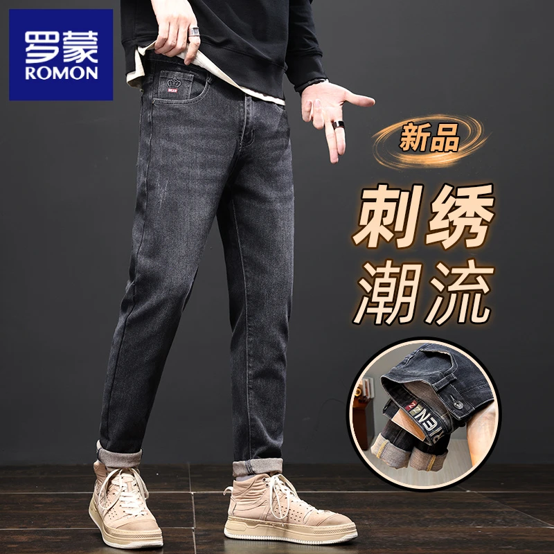 罗蒙刺绣牛仔裤秋冬新款宽松直筒修身弹力休闲百搭男士牛仔长裤子