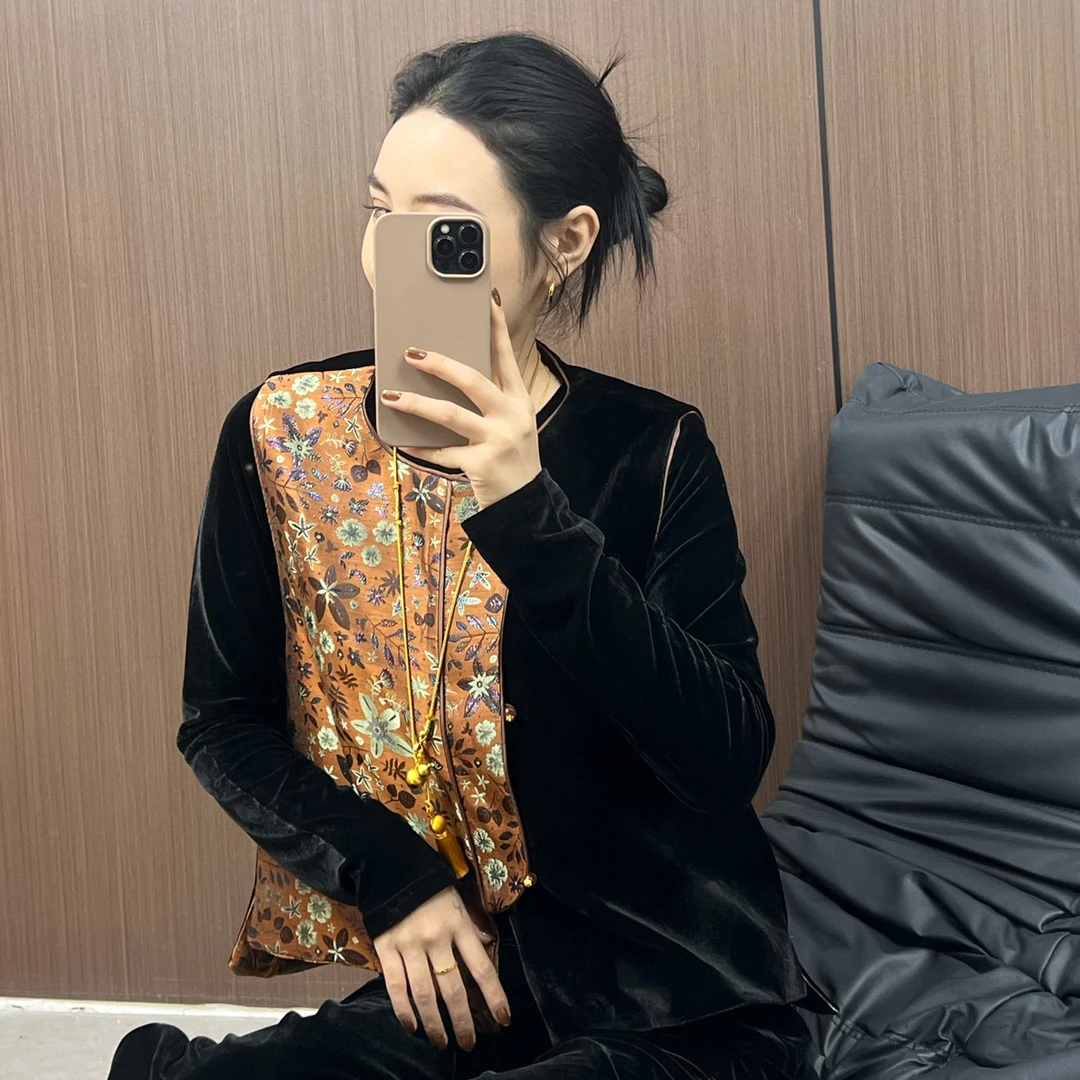 LlLl新中式国风丝绒拼接马甲复古高端无袖上衣