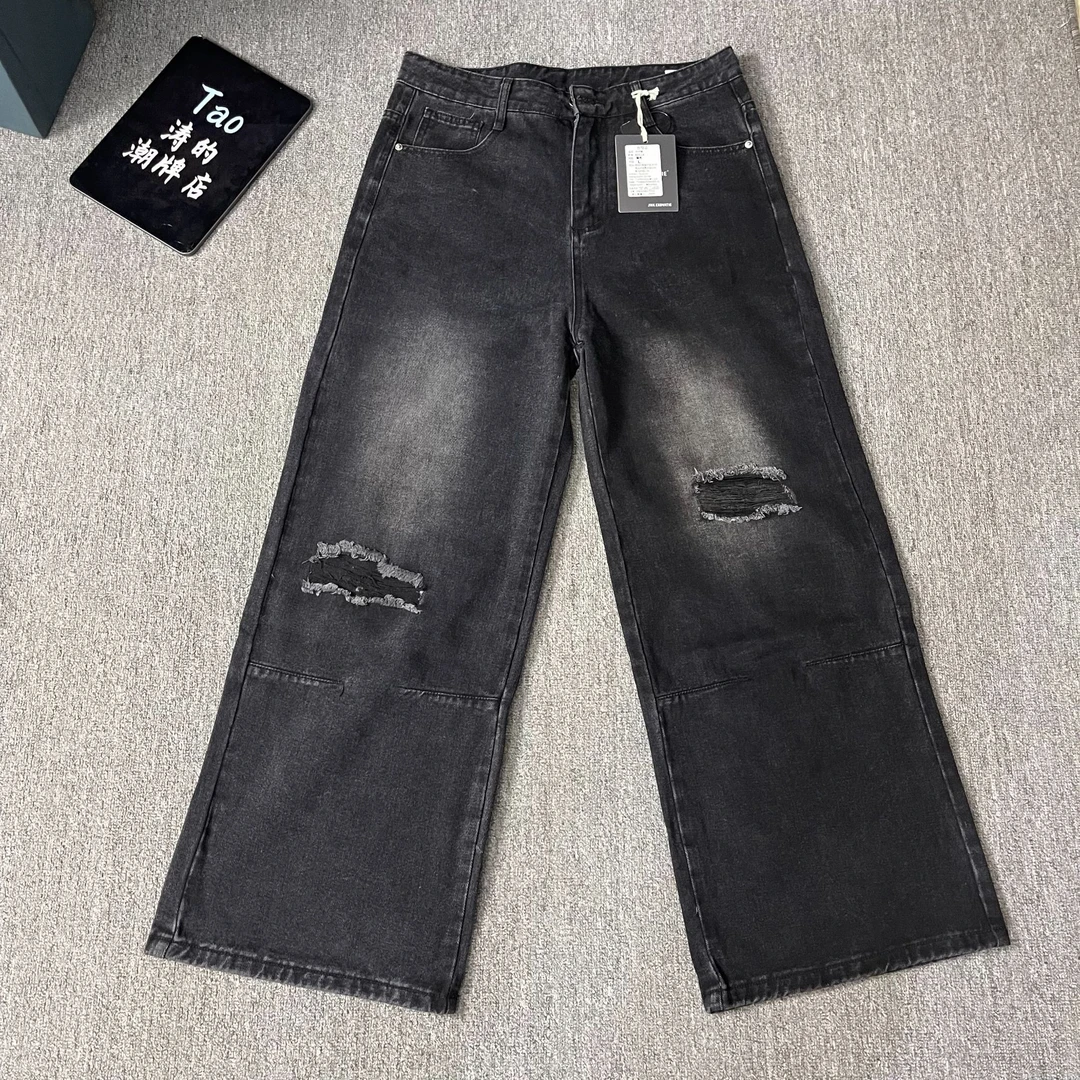 男裤子美式四季常规款潮流水洗牛仔裤复古灰色直筒阔腿裤破洞