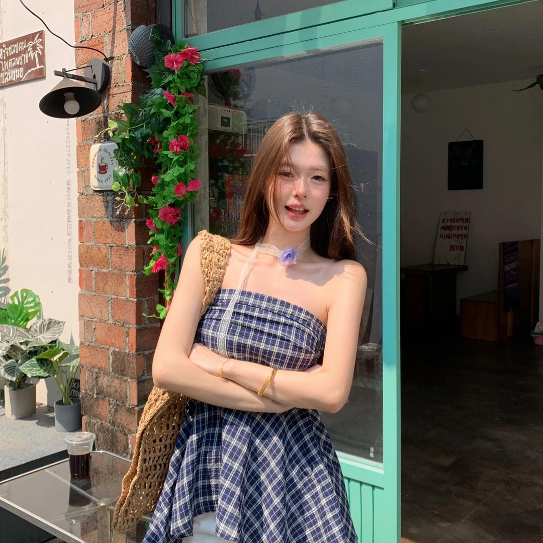 复古格子美背无袖抹胸背心女夏季修身收腰外穿设计感显瘦辣妹上衣