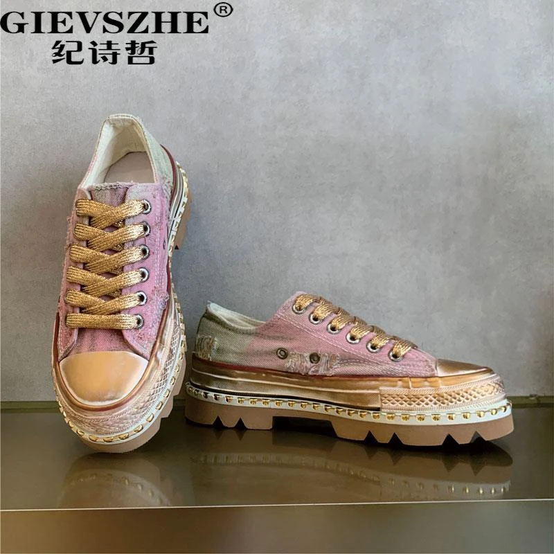 GIEVSZHE纪诗哲复古厚底帆布鞋女款2025春季新款韩版小众百搭板鞋