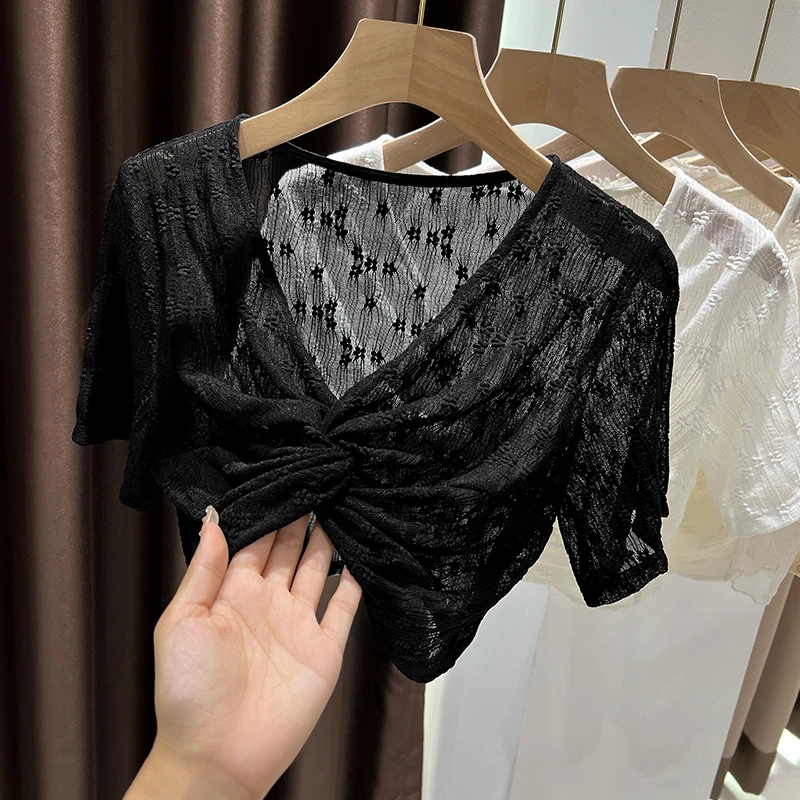 防晒短袖罩衫女夏季薄纱蕾丝披肩外搭配吊带连衣裙法式小坎肩上衣