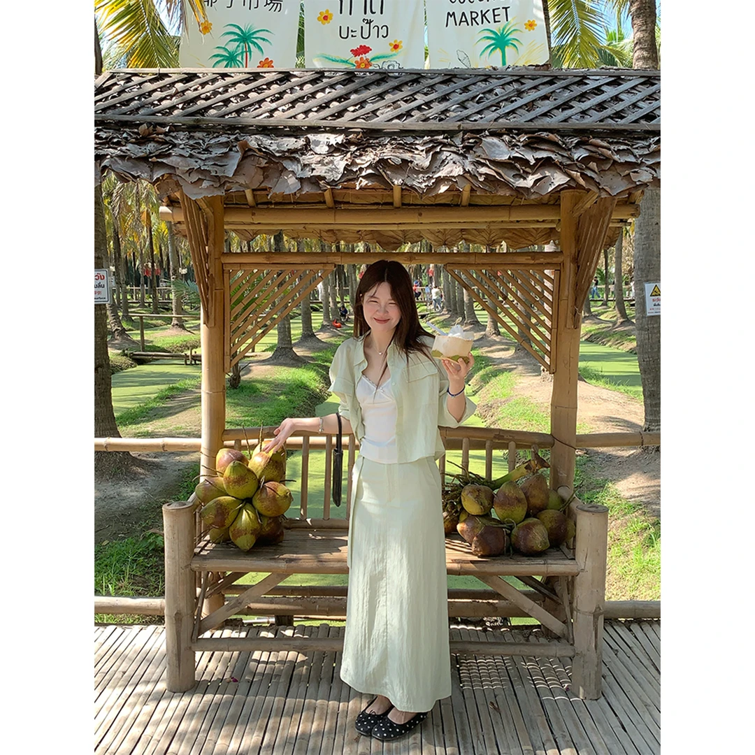 火火【薄荷冰沙】韩版休闲衬衫半身裙套装C29436HH51+B29437HH51