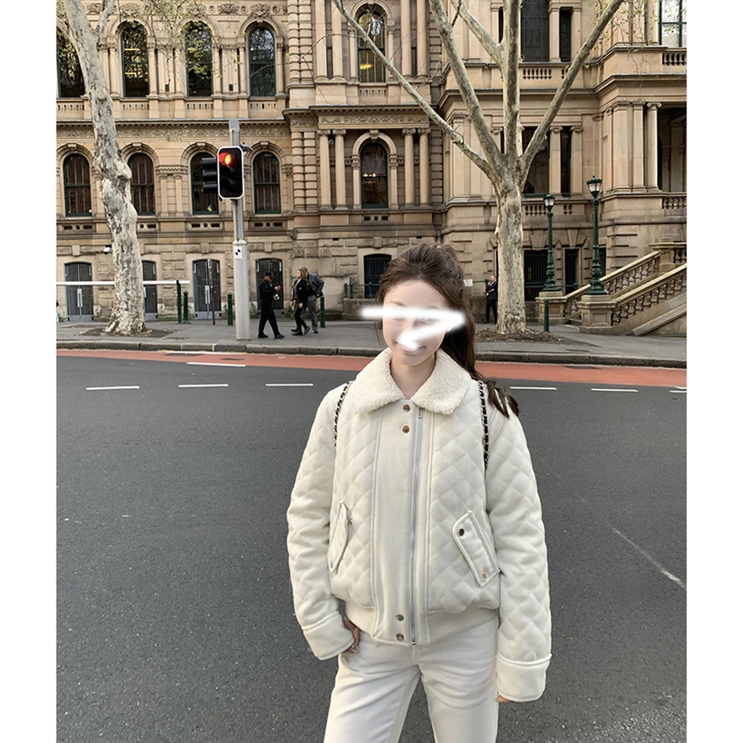 秋冬韩版休闲宽松菱格衍棉翻领毛呢棉服短外套女百搭时尚保暖气质