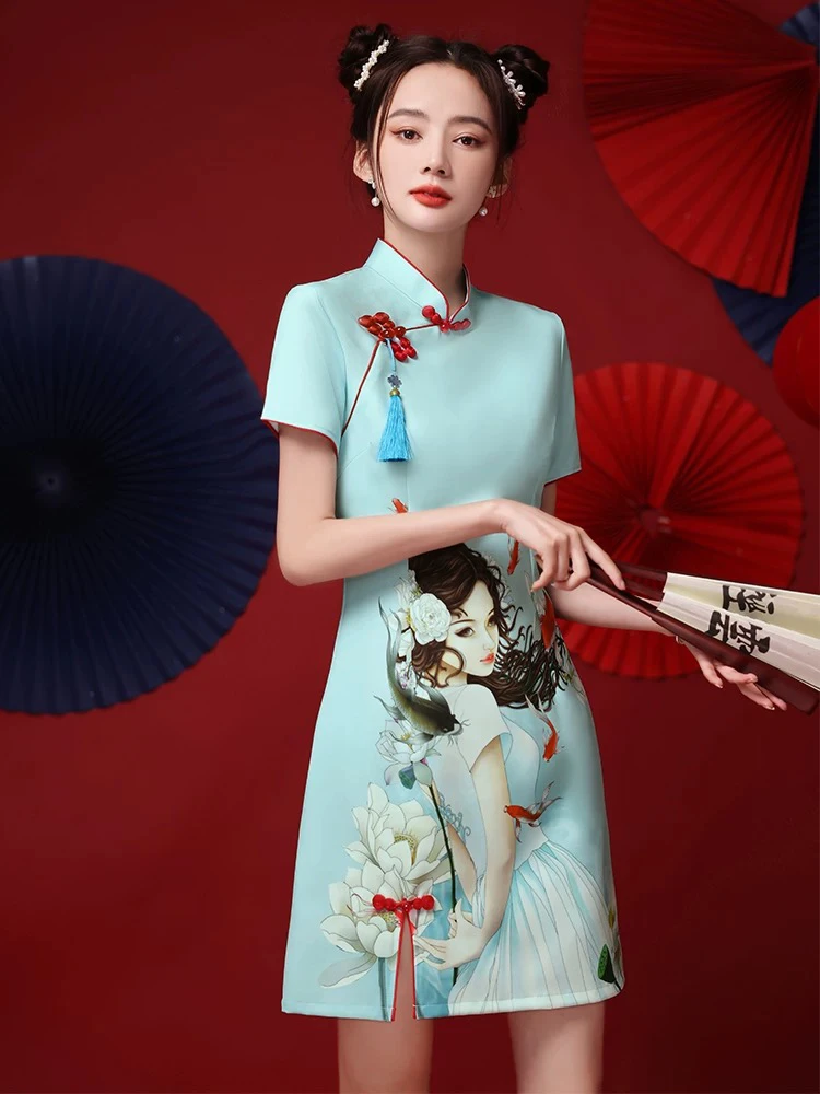 【2125 荷花美人 蓝绿色 】（没有流苏）显瘦气质修身复古中国风旗袍