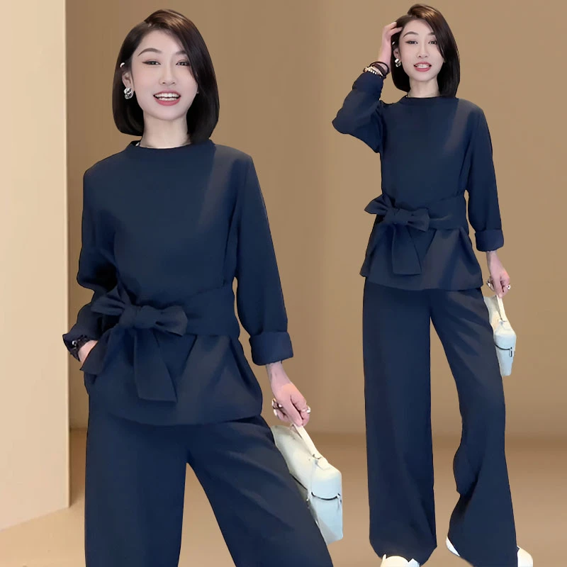 2025春秋新款时尚穿搭一整套松弛感绑带上衣阔腿裤百搭两件套装女