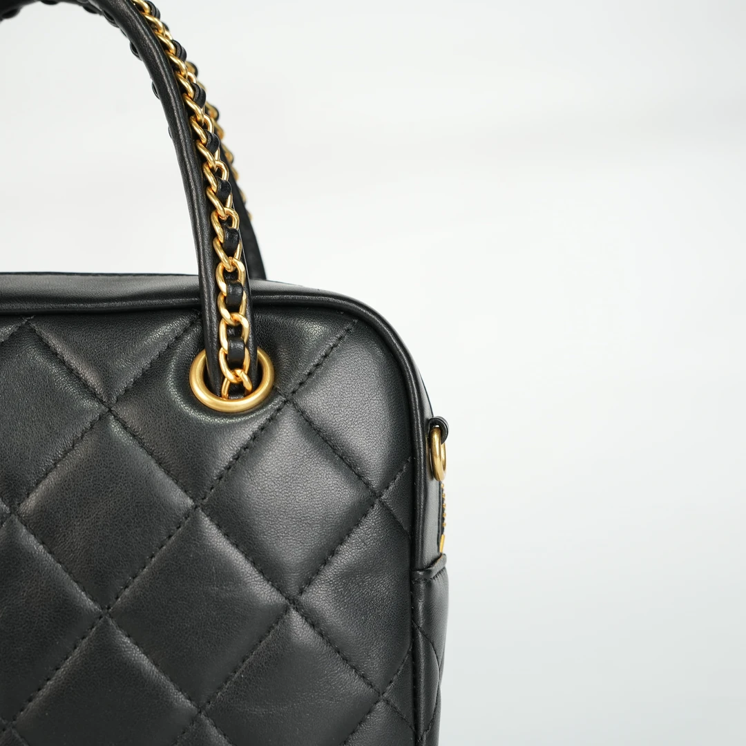 匠人乔皮具【手提保龄球】黑金菱格手柄相机包轻奢小香风通勤包