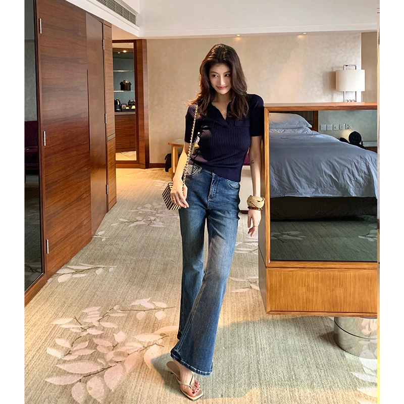 【ALONE SAVOR】龍喜儿 逐浪 经典高腰弹力原色显瘦微喇牛仔裤J694