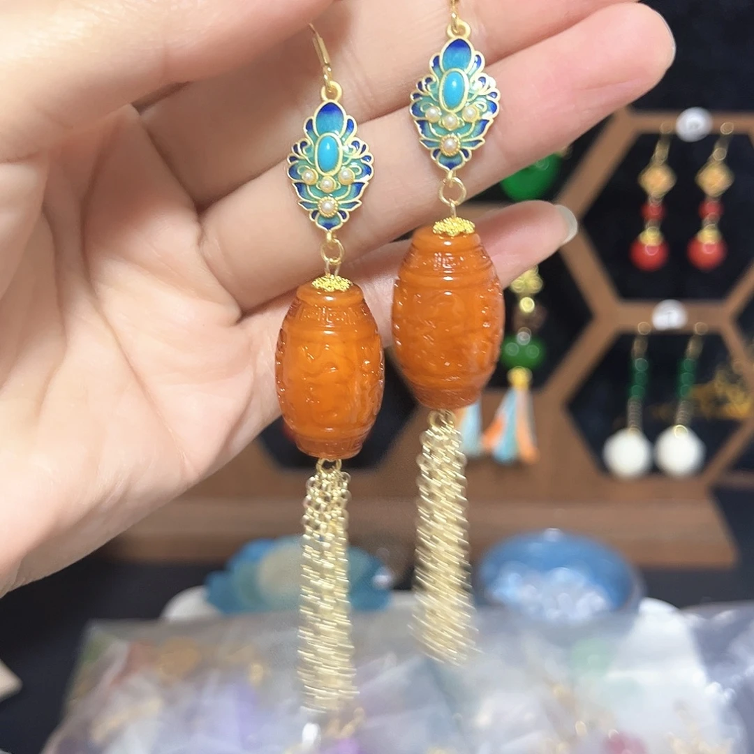 珐琅铜合金925银耳饰流苏