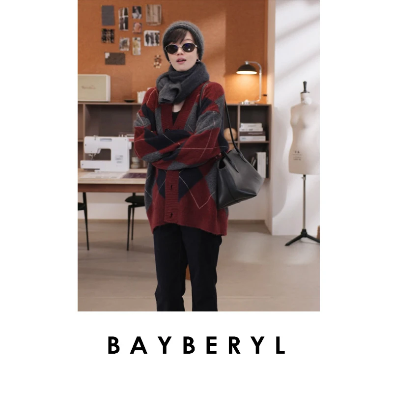 CC12-BAYBERYL老贝嵌花*牦牛拼色菱格V领宽松秋针织开衫ZZS4H2427