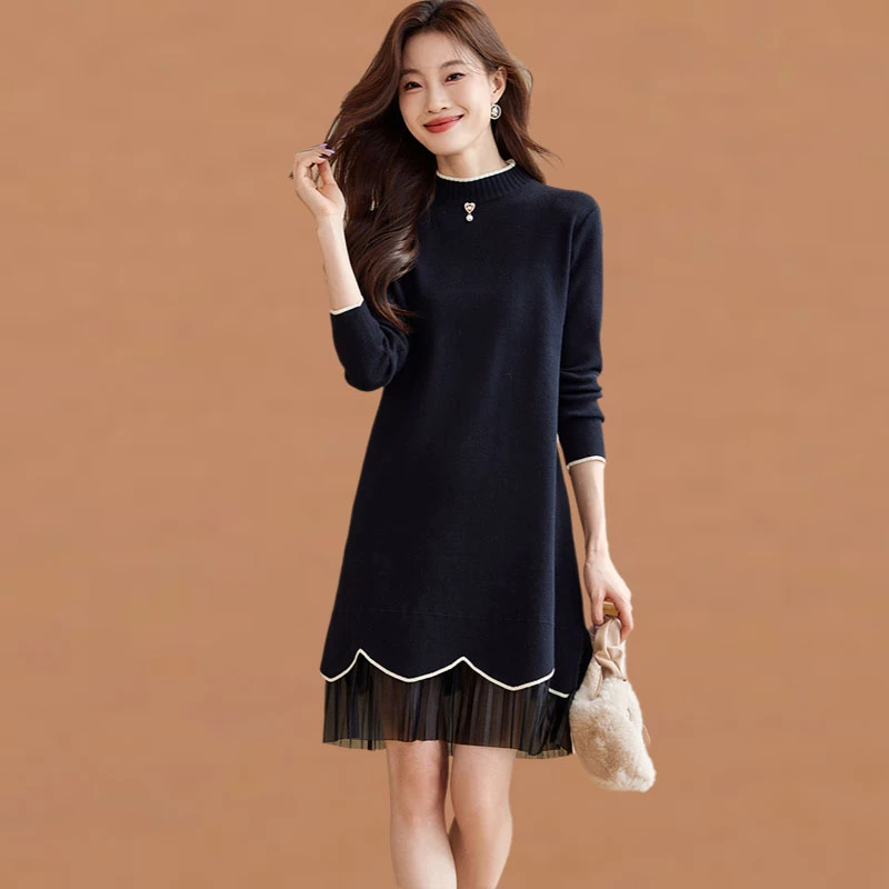 半高领针织连衣裙女秋冬2024新款中长款拼接宽松显瘦打底毛衣裙子