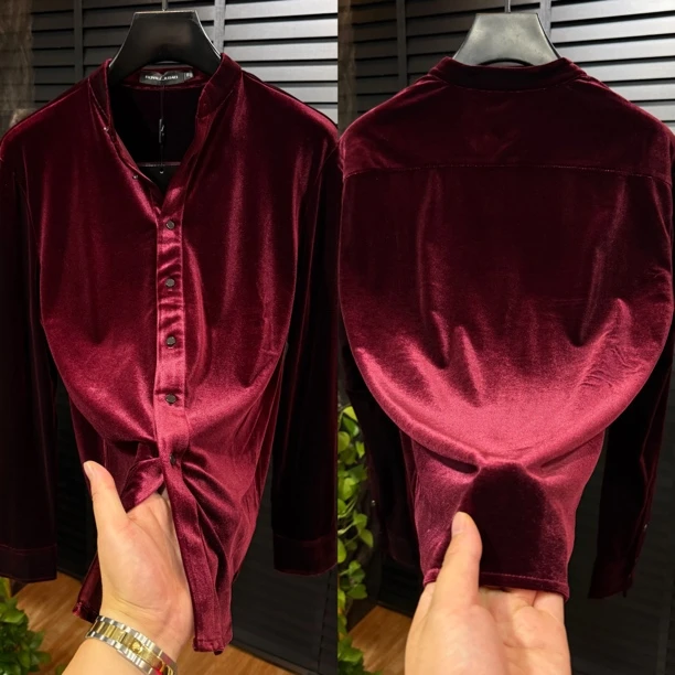 35888秋季男士酒红色丝绒无领长袖衬衫修身简约百搭商务风