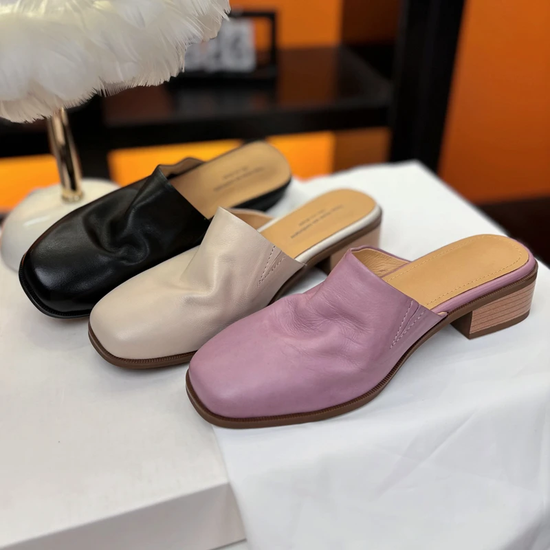 巨软/34-40码/头层牛皮~包头半拖鞋女夏外穿2025新款软皮方头凉拖