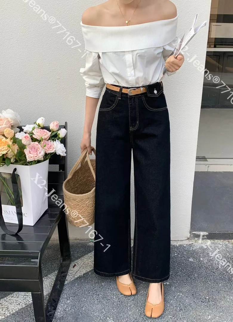 77167-1春夏款黑金色十分直筒甩裤显瘦高腰时尚休闲百搭宽松