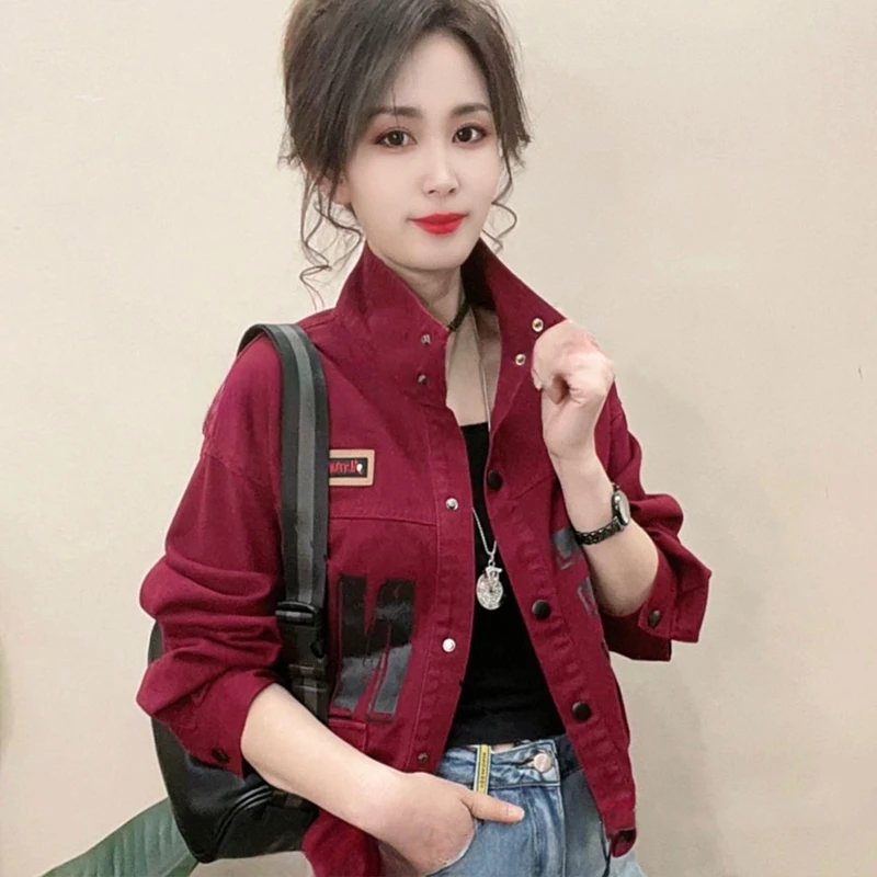 时尚纯棉立领牛仔短外套女士2025年春季新款韩版洋气字母短款上衣