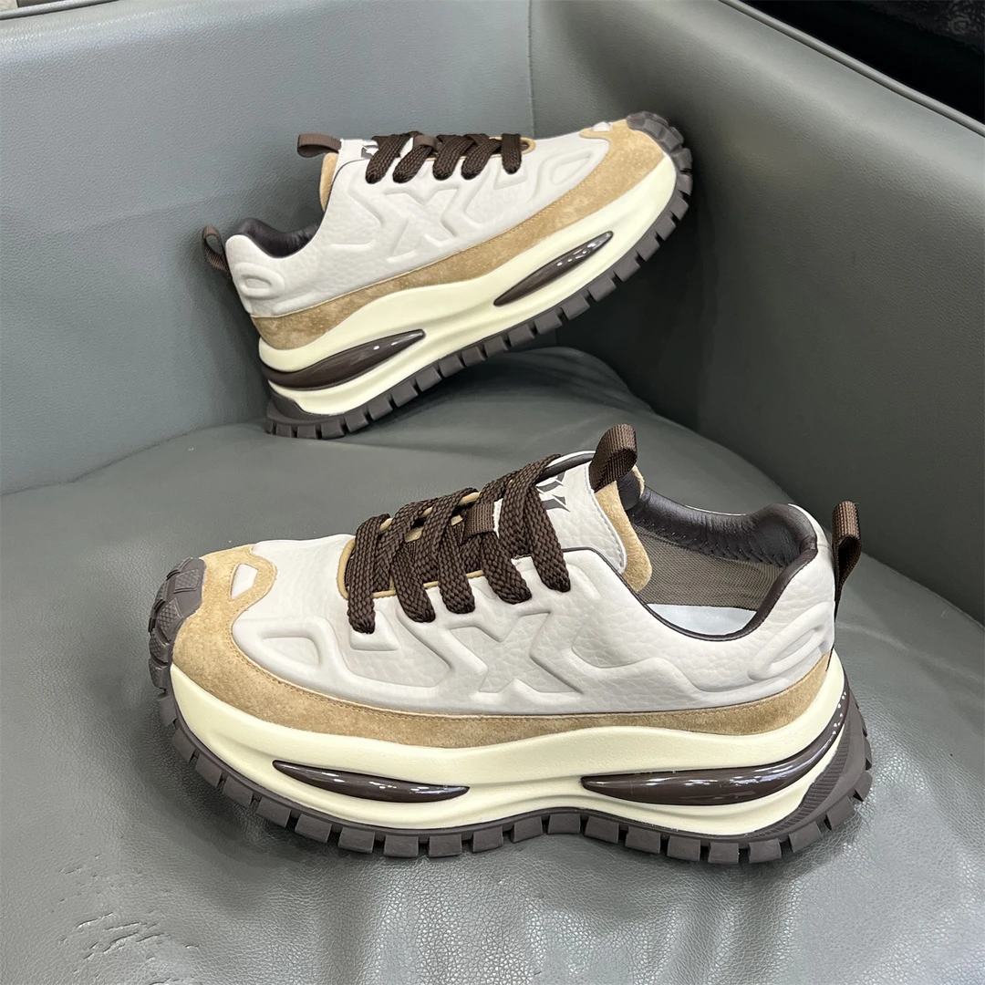 MOCCSOCC透气休闲男鞋2025秋冬真皮加绒保暖老爹鞋增高厚底运动鞋