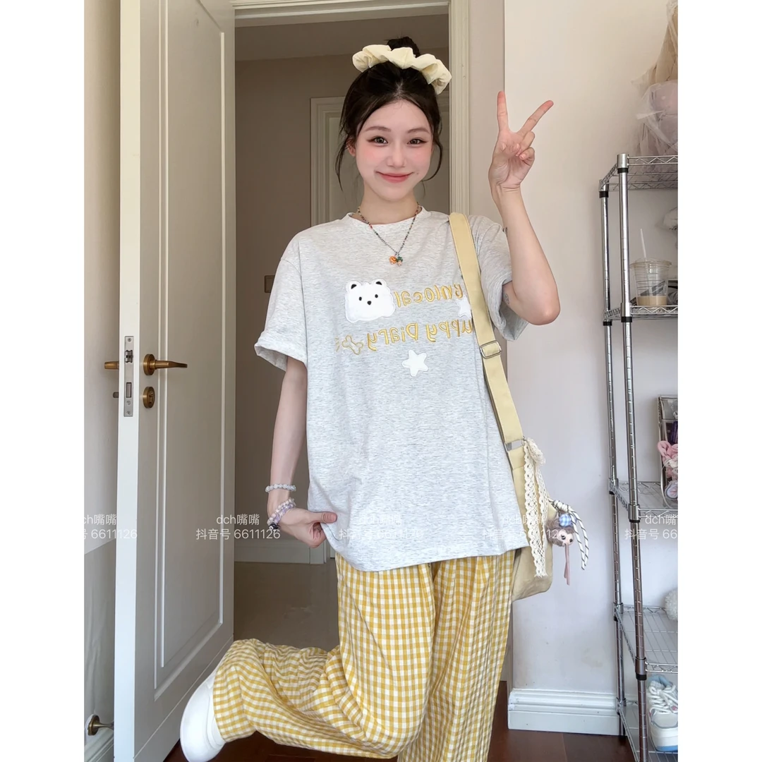 韩系设计感猫咪字母刺绣纯棉短袖夏季宽松T恤休闲宽松大t恤女宽松