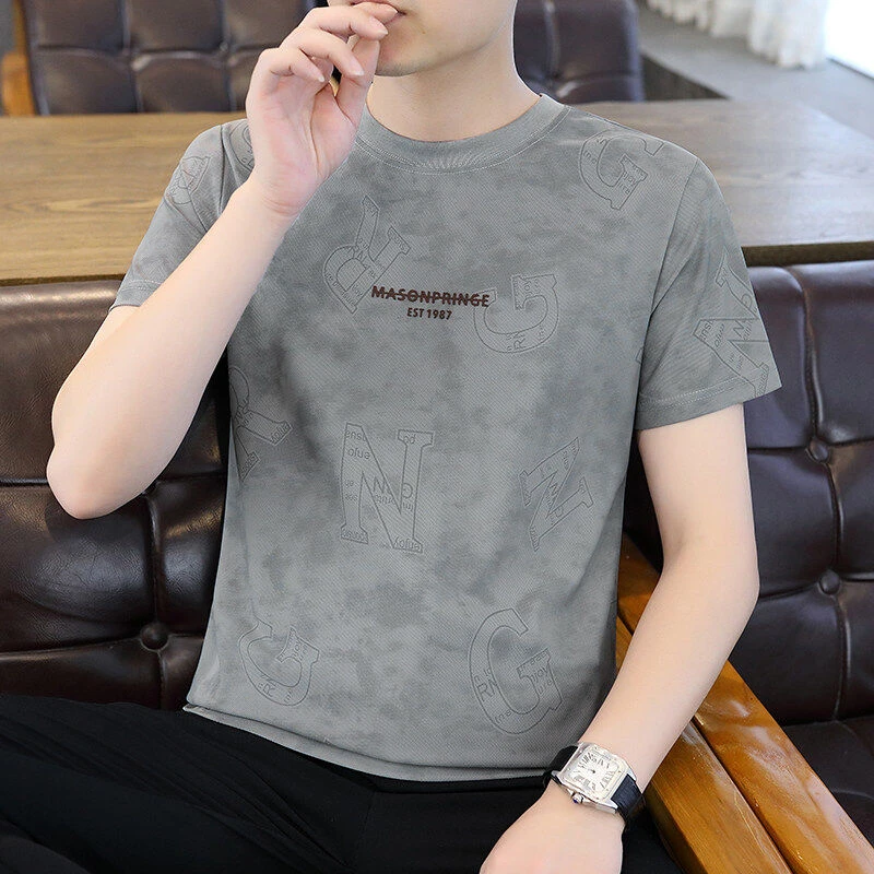 烧花提花字母圆领短袖T恤2025夏季百搭男士休闲透气冰感速干上衣