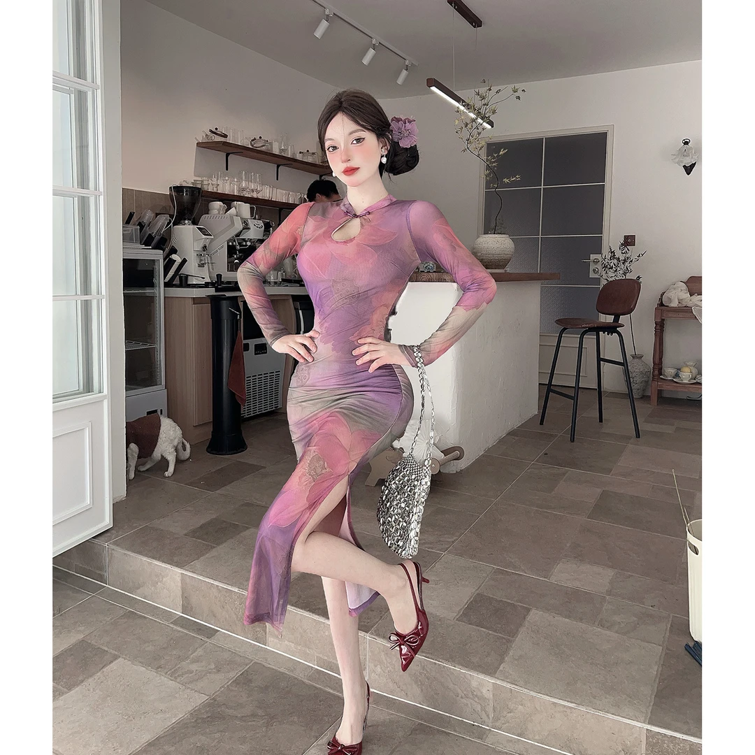 旗袍显瘦气质性感长袖修身包臀开叉连衣裙女胖mm大码独特漂亮