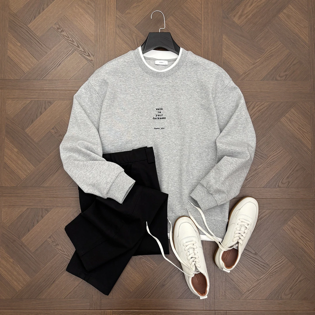 LANSIM·重磅拼接假两件T恤男休闲印花秋冬男士黑色圆领卫衣长袖