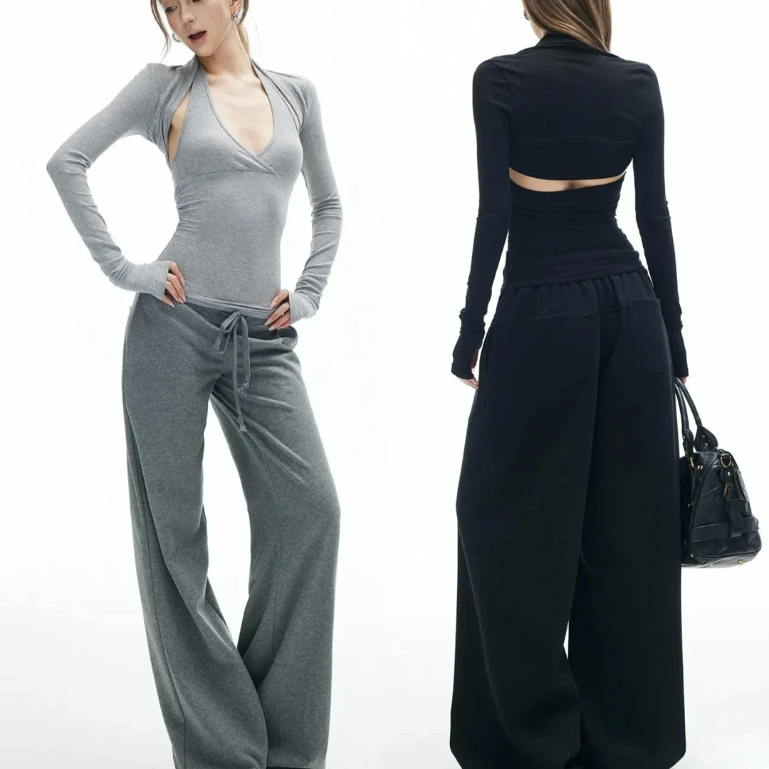 V领紧身收腰挂脖吊带&袖套开衫真两件柔软修身显瘦基础2色上衣