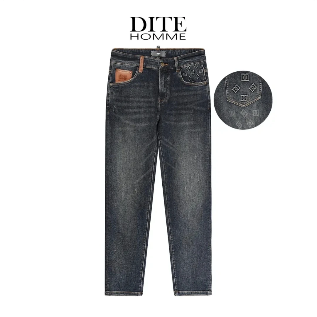 Dite迪特男士秋冬季新款蓝色直筒时尚百搭宽松修身弹力水洗牛仔裤