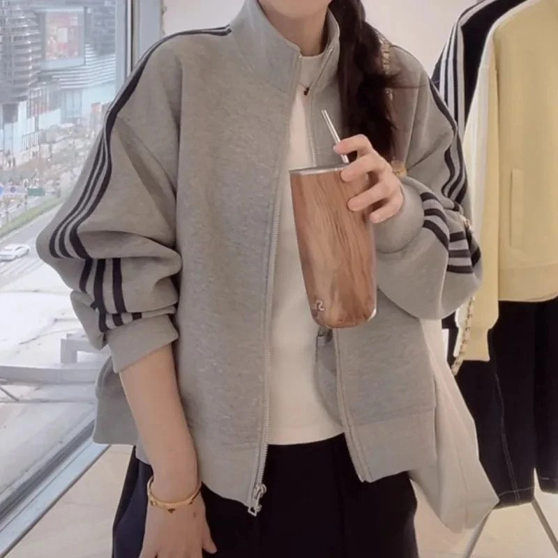 【华棉复合】春秋款百搭条纹韩版休闲长袖卫衣宽松开衫短款外套