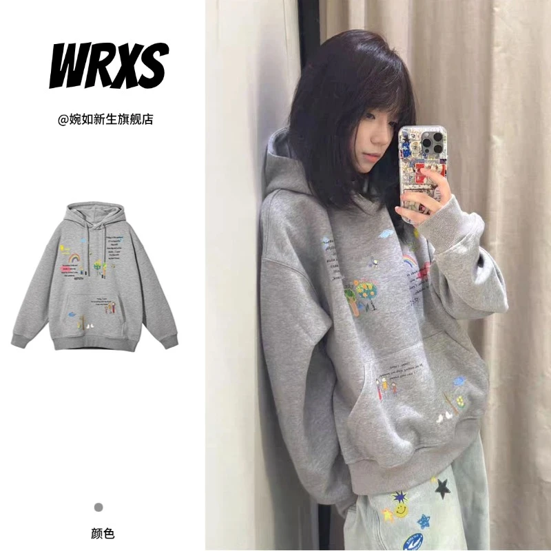 【婉如新生】手绘涂鸦连帽卫衣女2025秋冬新款宽松设计感小众帽衫